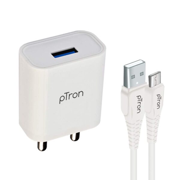 pTron Volta 12W Single USB Smart Charger with 2.4A Micro USB 1-Meter Cable,(White)