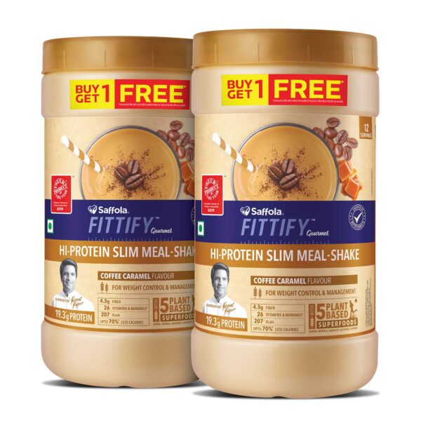 Saffola FITTIFY Gourmet Hi-Protein Slim Meal Shake - 420 gm , Coffee Caramel (Buy 1 Get 1 Free)