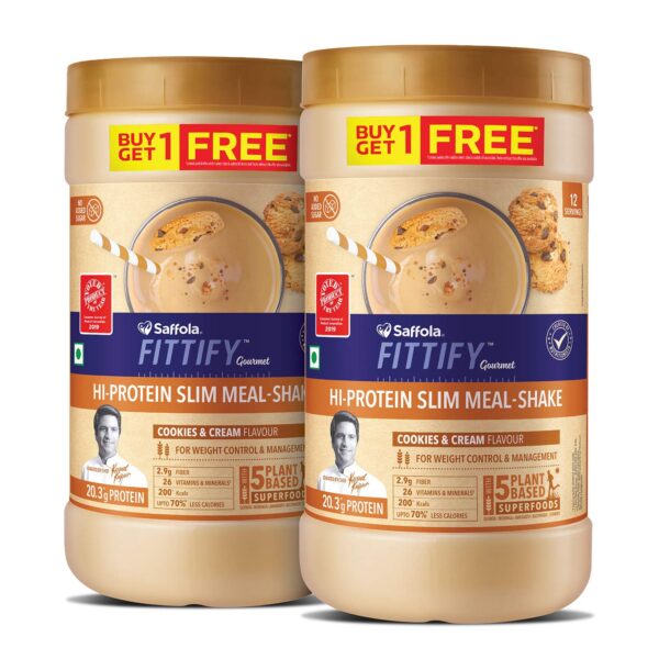 Saffola FITTIFY Gourmet Hi-Protein Slim Meal Shake - 420 gm , Cookies & Cream (Buy 1 Get 1 Free)